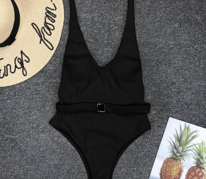 Women's Solid Color Special Fabric Belt Buckle One-Piece Bikini - Clevecorner