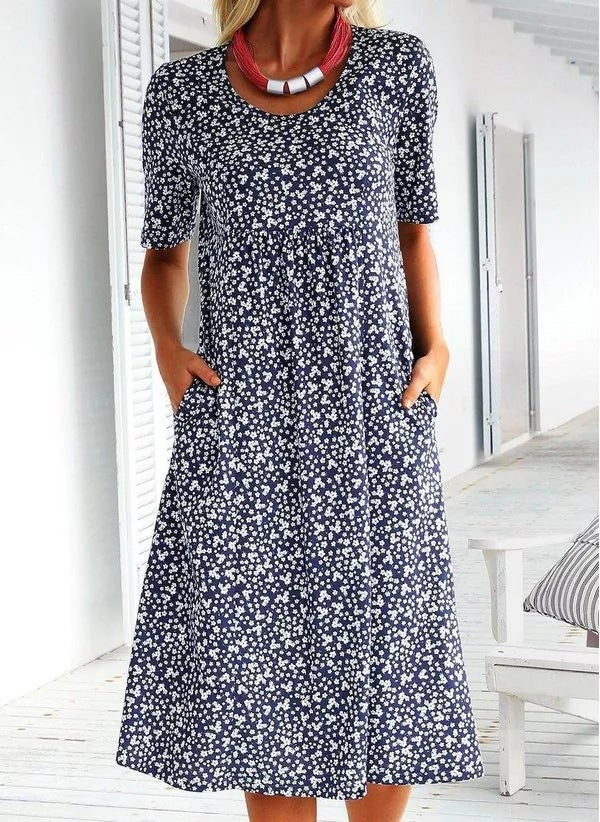 Women's Round Neck Floral Mid Length Short Sleeve Dress