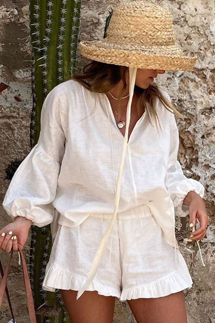 V-neck Lantern Sleeve Cotton Shirt Set