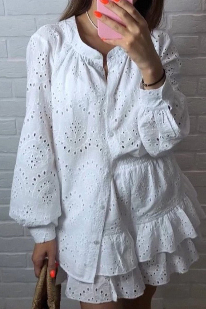 Hollow-out Jacquard Blouse Tiered Shorts Set