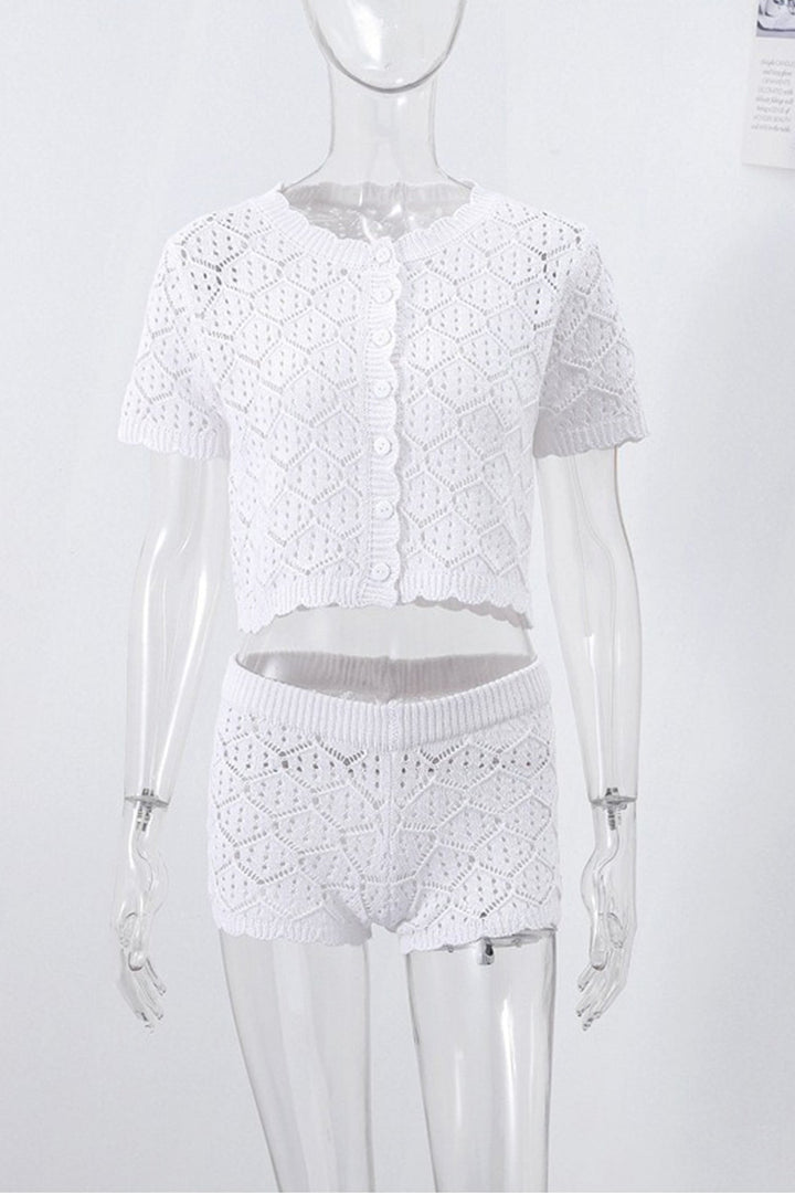 Hollow-out Jacquard Blouse Cover-up Set