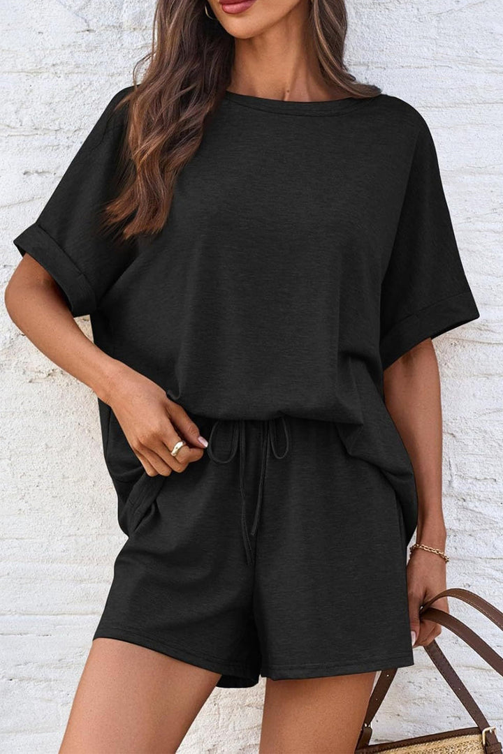 Solid Color Bat Sleeve T-shirt Shorts Set