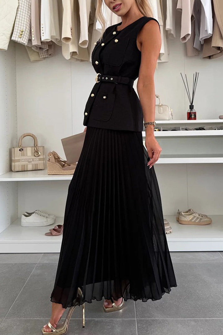 Button-down Tank Top Mesh Pleated Skirt Set