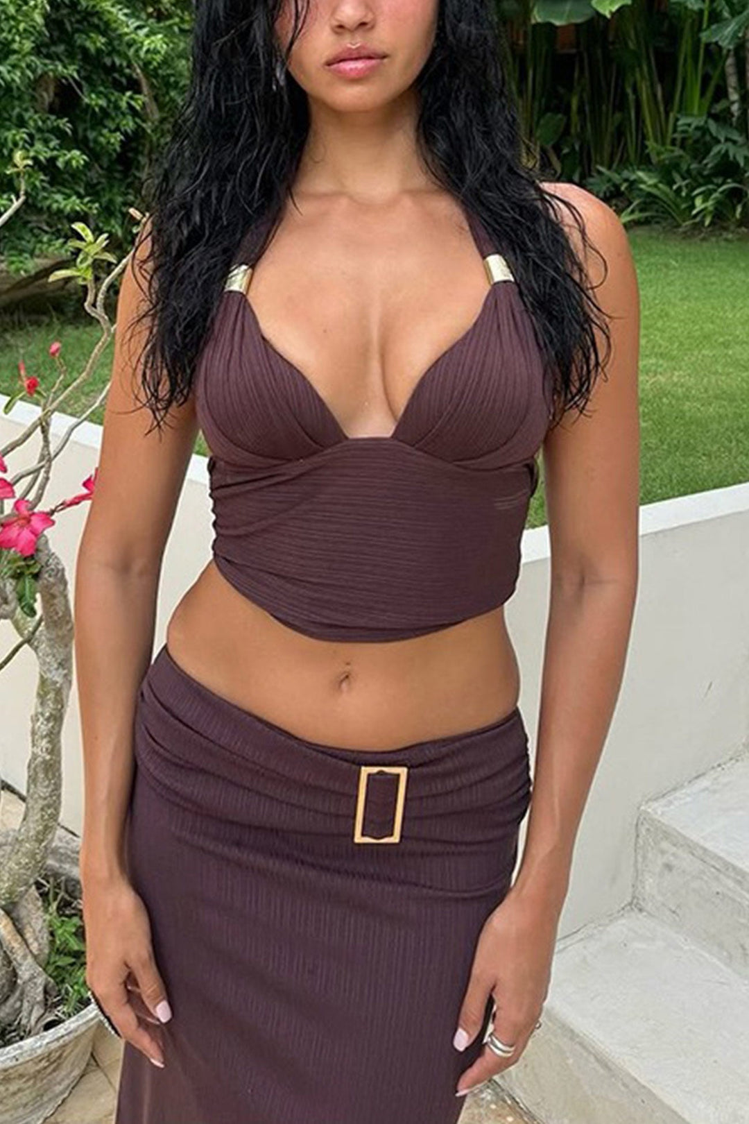 Halterneck Tie-up Vest Irregular Skirt Set