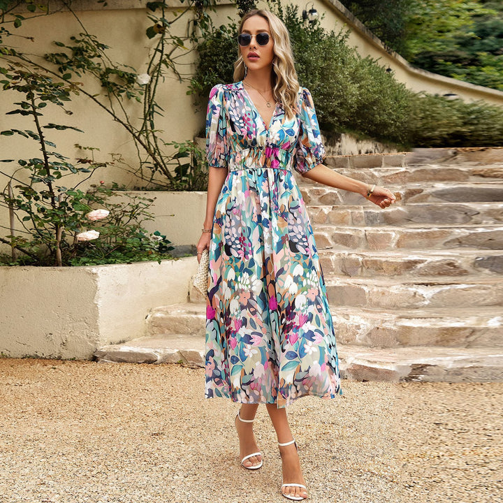 Summer Temperament Waist-controlled V-neck Print Dress