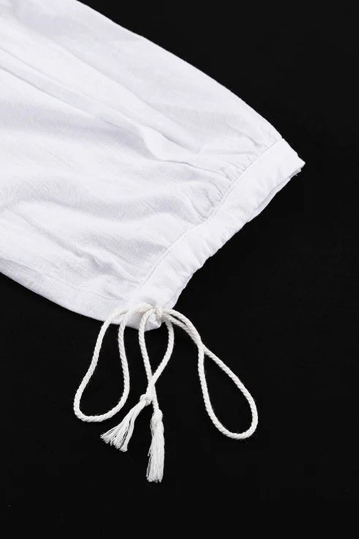 V-neck Lantern Sleeve Cotton Shirt Set