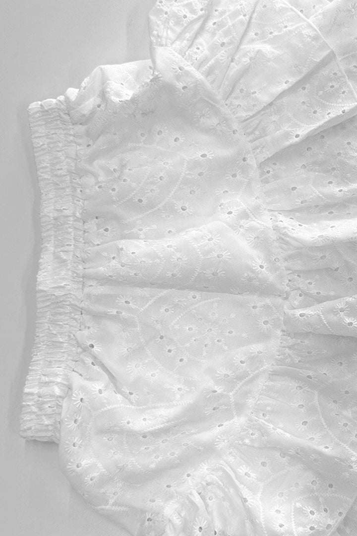Hollow-out Jacquard Blouse Tiered Shorts Set