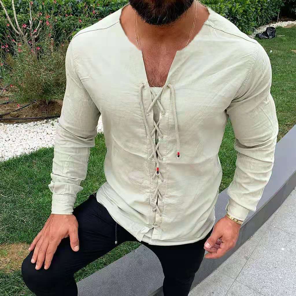Tie up cardigan stand collar cotton and hemp shirt T-shirt