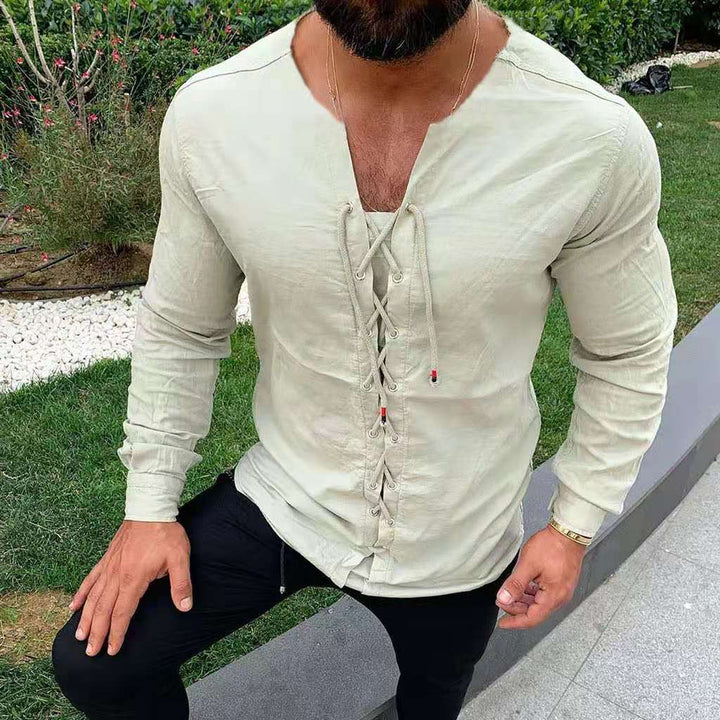 Tie up cardigan stand collar cotton and hemp shirt T-shirt
