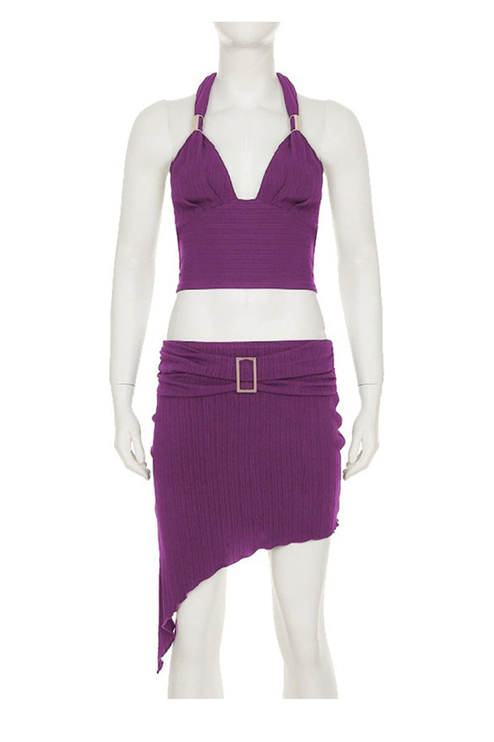 Halterneck Tie-up Vest Irregular Skirt Set