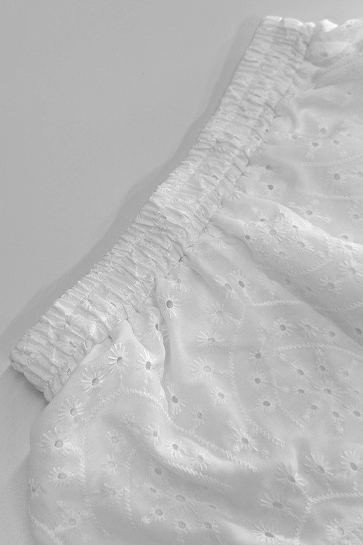 Hollow-out Jacquard Blouse Tiered Shorts Set
