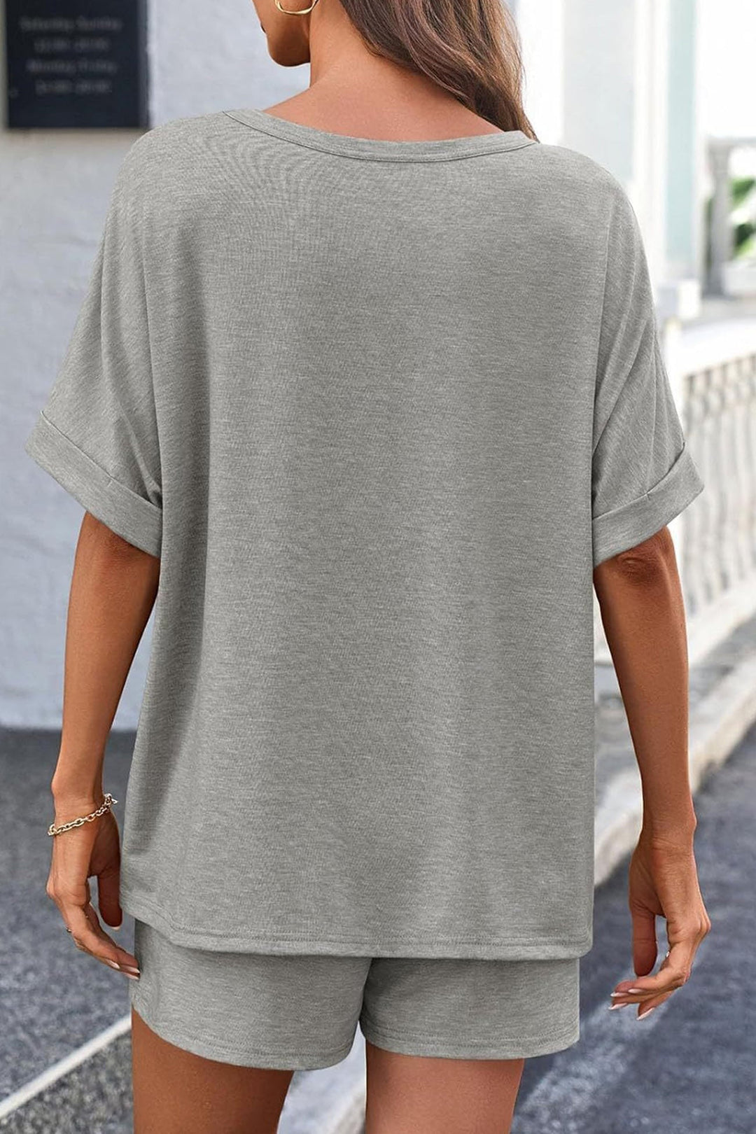Solid Color Bat Sleeve T-shirt Shorts Set