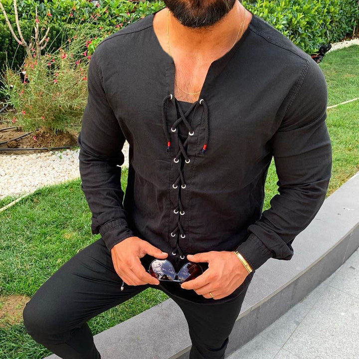 Tie up cardigan stand collar cotton and hemp shirt T-shirt