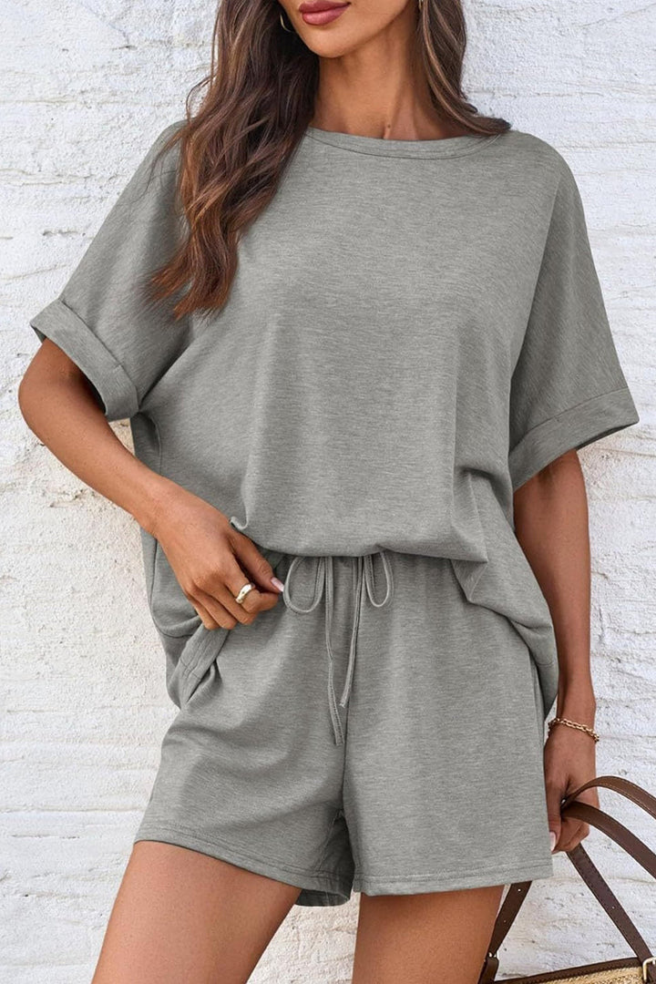 Solid Color Bat Sleeve T-shirt Shorts Set