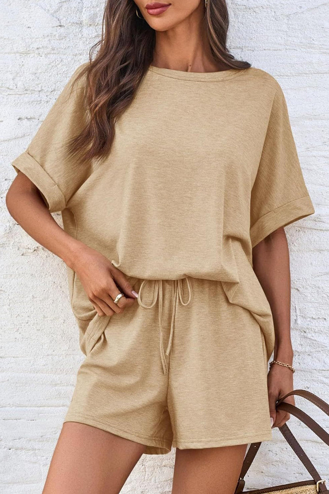 Solid Color Bat Sleeve T-shirt Shorts Set