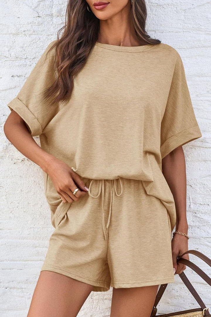 Solid Color Bat Sleeve T-shirt Shorts Set