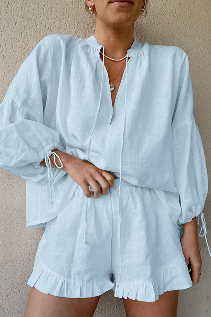 V-neck Lantern Sleeve Cotton Shirt Set