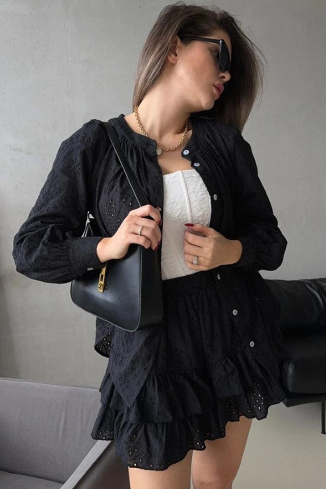 Hollow-out Jacquard Blouse Tiered Shorts Set