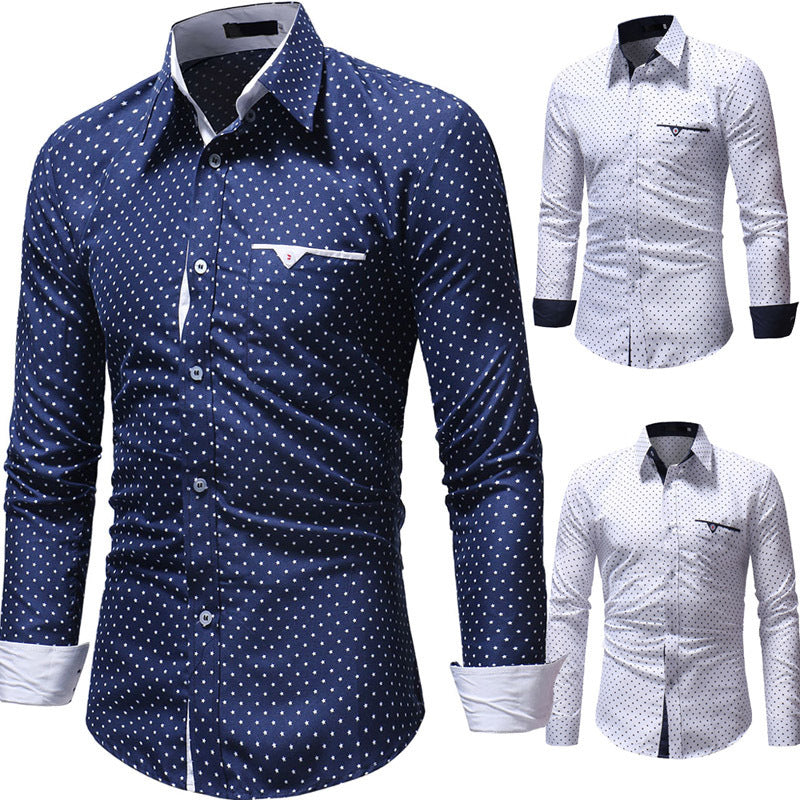 Korean Men's Five-Pointed Star Print Casual Long-Sleeved Shirt