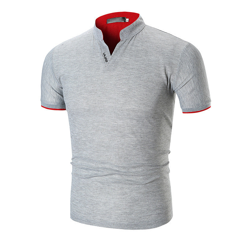 Summer New Men's Solid Color Cuff Striped Stand Collar Polo Shirt