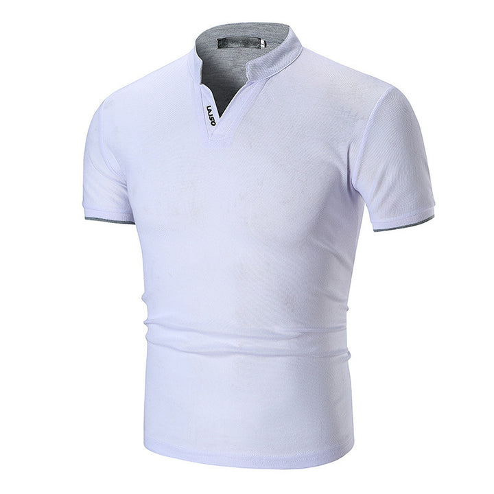 Summer New Men's Solid Color Cuff Striped Stand Collar Polo Shirt