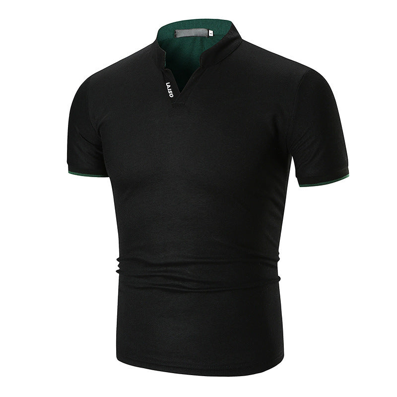 Summer New Men's Solid Color Cuff Striped Stand Collar Polo Shirt
