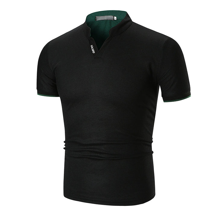 Summer New Men's Solid Color Cuff Striped Stand Collar Polo Shirt