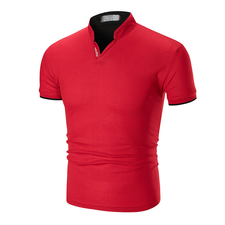 Summer New Men's Solid Color Cuff Striped Stand Collar Polo Shirt