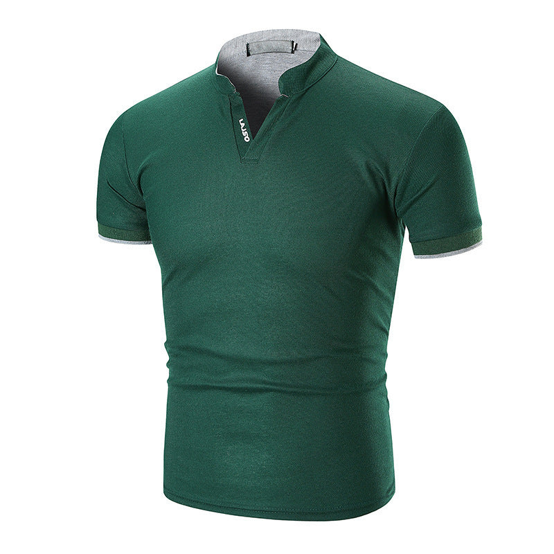 Summer New Men's Solid Color Cuff Striped Stand Collar Polo Shirt