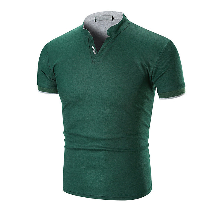 Summer New Men's Solid Color Cuff Striped Stand Collar Polo Shirt