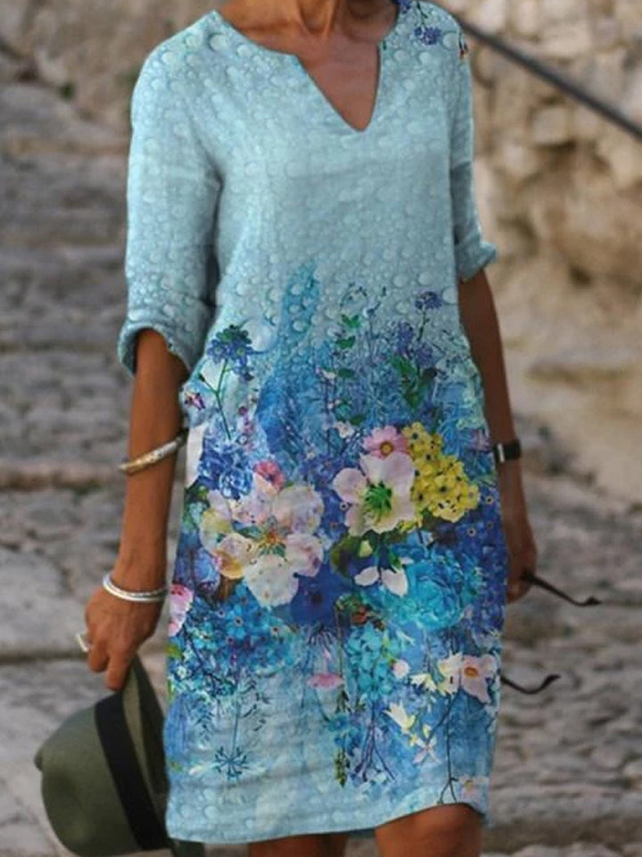 Printed Loose Floral Retro Round Neck Dress