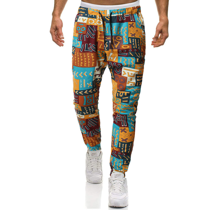 Slim-fit cotton and linen casual pants with ethnic print trousers