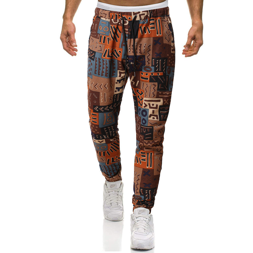 Slim-fit cotton and linen casual pants with ethnic print trousers