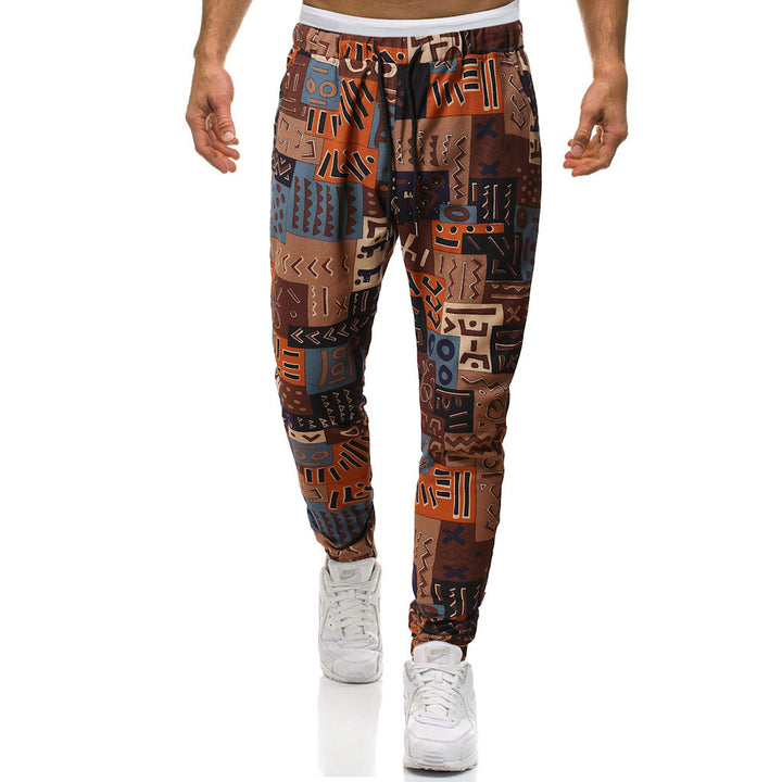 Slim-fit cotton and linen casual pants with ethnic print trousers