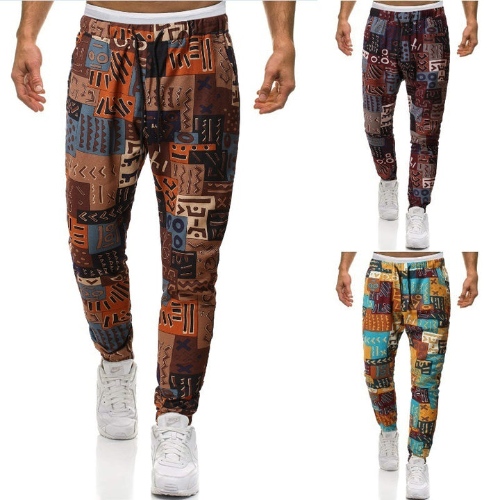 Slim-fit cotton and linen casual pants with ethnic print trousers