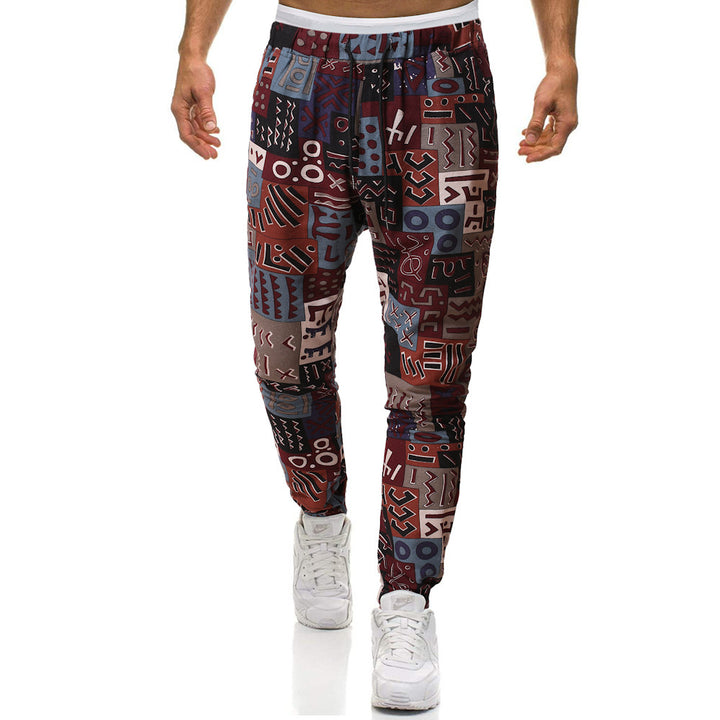 Slim-fit cotton and linen casual pants with ethnic print trousers