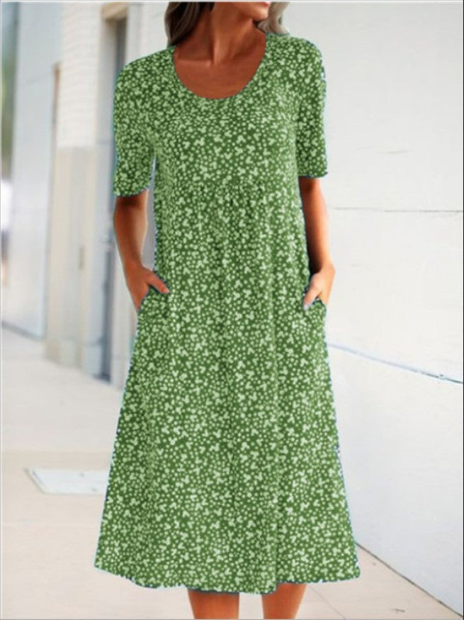 Women's Round Neck Floral Mid Length Short Sleeve Dress