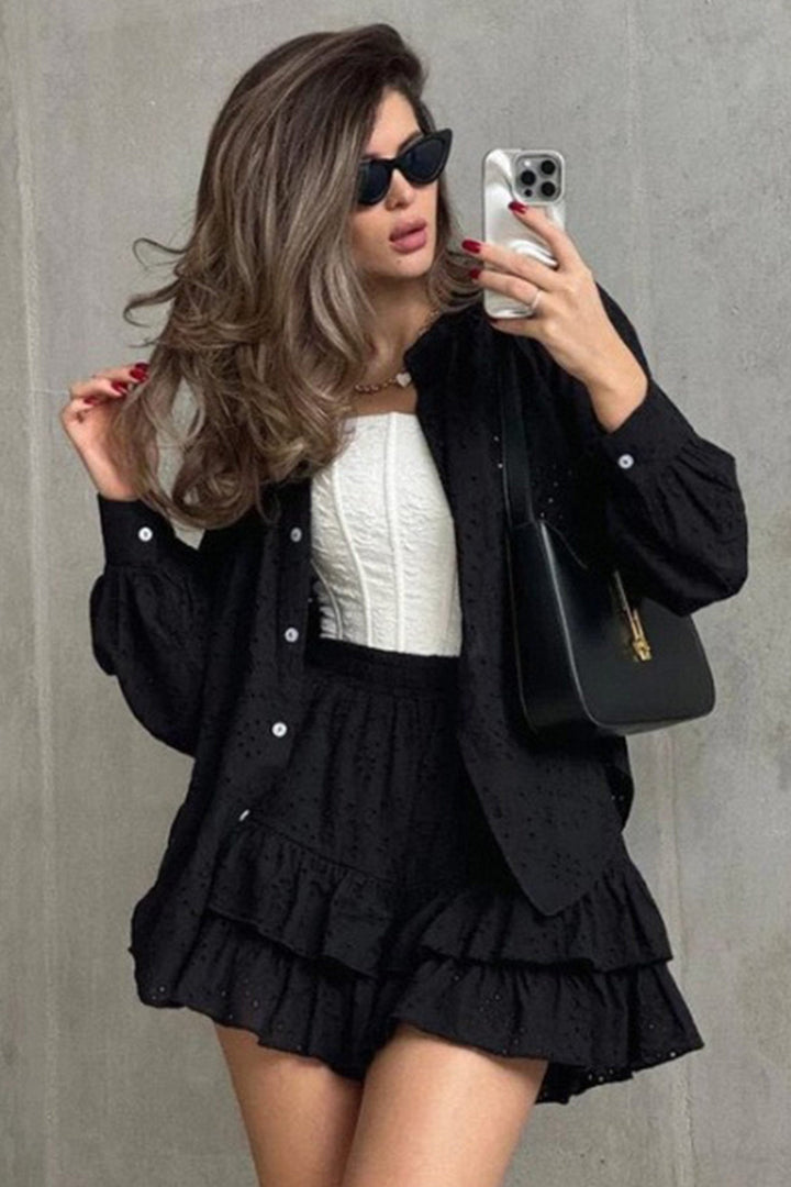 Hollow-out Jacquard Blouse Tiered Shorts Set