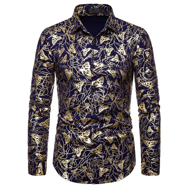 Men's lapel butterfly bronzing print long sleeve shirt men