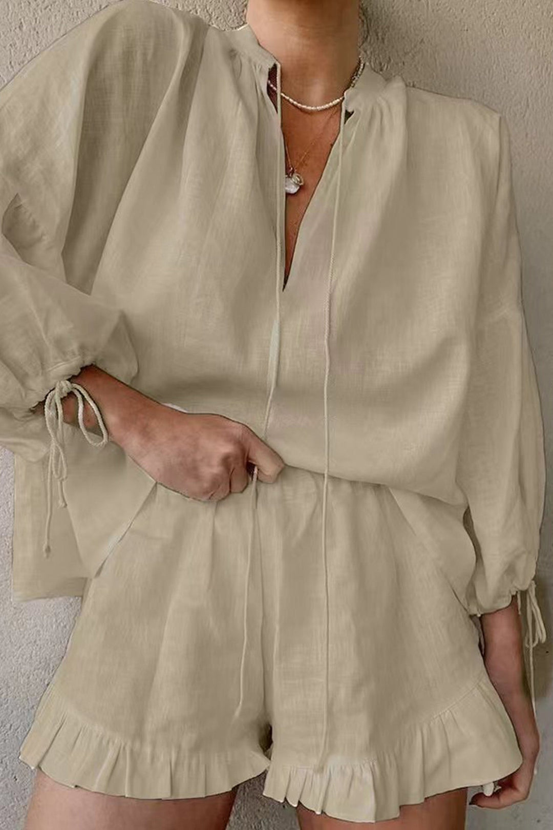 V-neck Lantern Sleeve Cotton Shirt Set