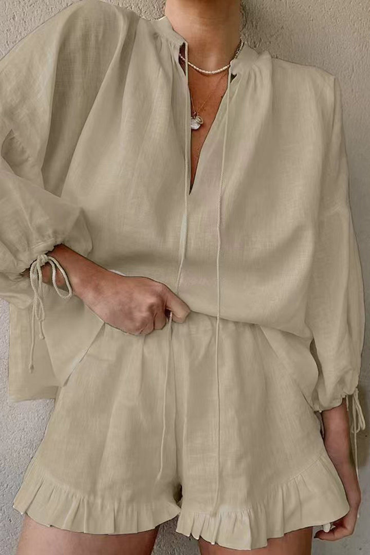 V-neck Lantern Sleeve Cotton Shirt Set