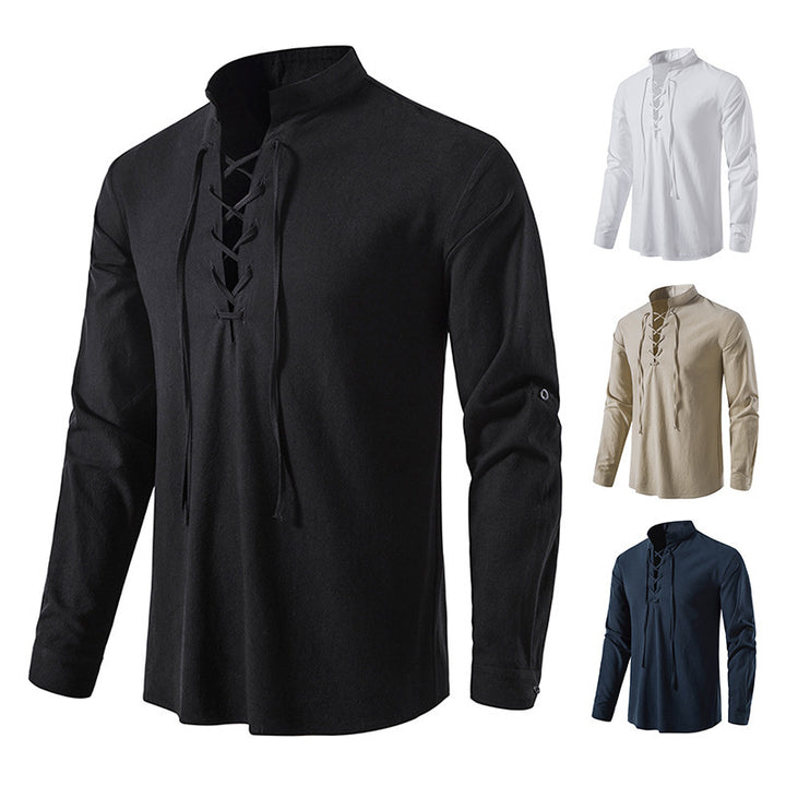 Men's Cotton Linen Long Sleeve Casual Stand Collar Shirt