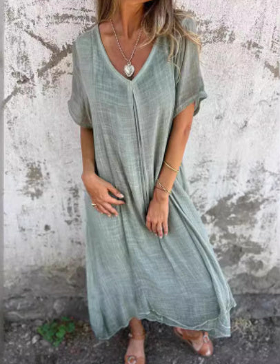 Women's Fashion Temperament Cotton Linen V-neck Semi-formal Dress
