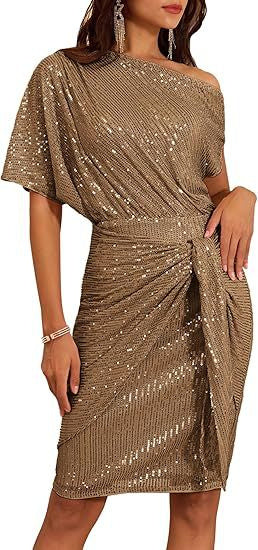Women's Fashion Shoulder Asymmetric Lace-up Beaded Dress