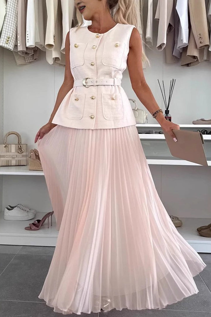 Button-down Tank Top Mesh Pleated Skirt Set