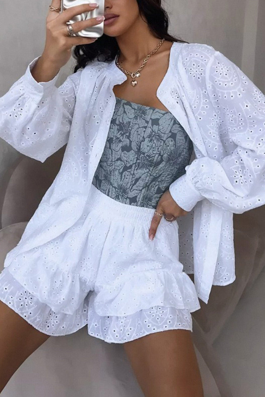 Hollow-out Jacquard Blouse Tiered Shorts Set