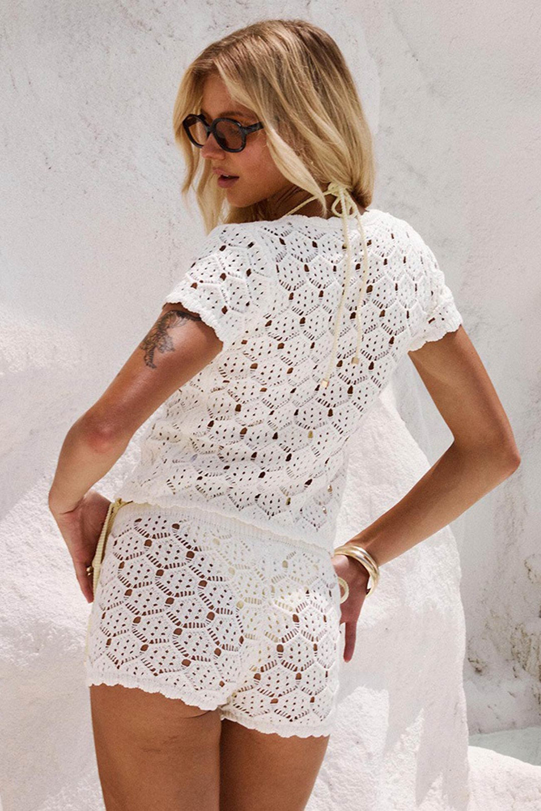 Hollow-out Jacquard Blouse Cover-up Set