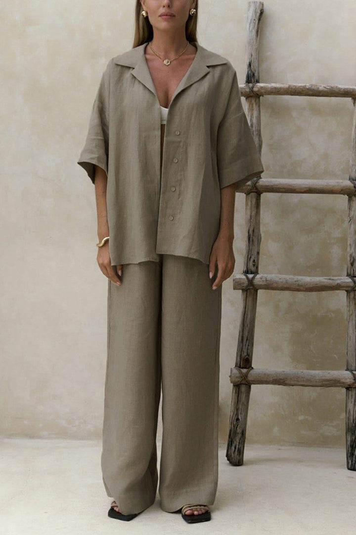 Solid Color Cotton Half Sleeve Blouse Pants Set
