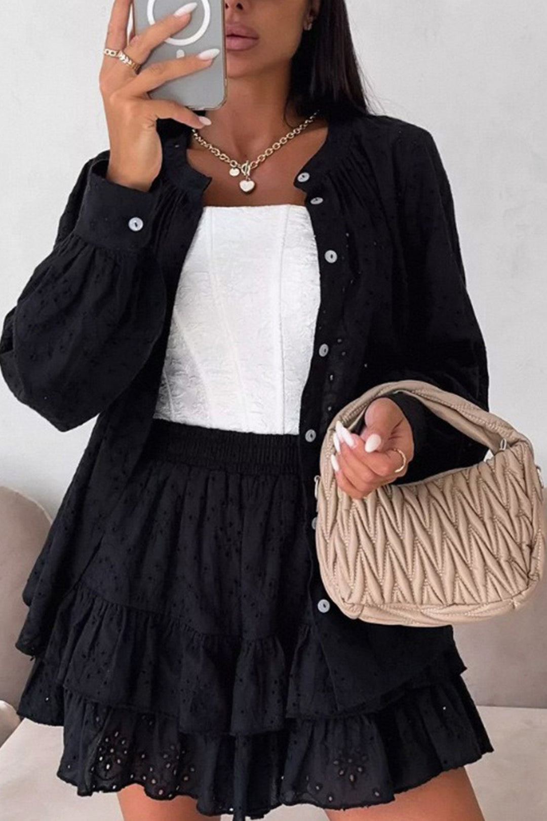 Hollow-out Jacquard Blouse Tiered Shorts Set