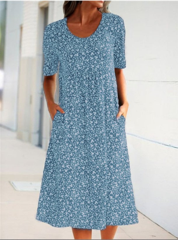Women's Round Neck Floral Mid Length Short Sleeve Dress